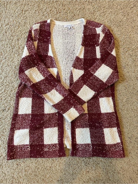 Foxcroft Sweaters - Foxcroft Burgundy and Cream Plaid Open-Front Cardigan